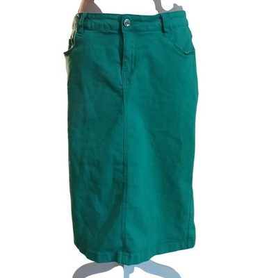 Be-Girl Basic XL Green Denim Midi Skirt Womens Cotton Blend Stretch 5-Pocket