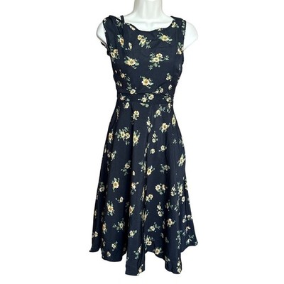 Unique Vintage Black Floral Fit and Flare Dress XS NWOT
