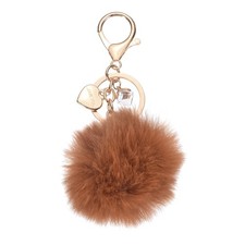 Pom Pom Keychain, Cute Fluffy Fuzzy Ball Keychains with Heart Pendant, Brown