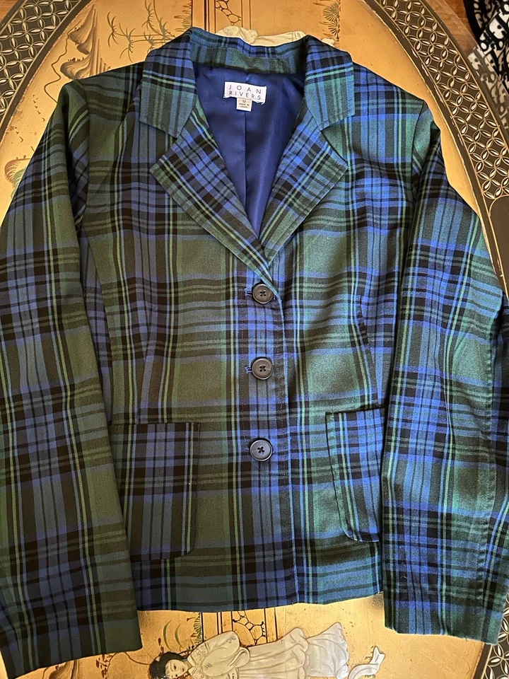 Y2K  90’s Joan Rivers Women's Blue Green Tartan Plaid Preppy Blazer Jacket 12 - Image 2 of 4