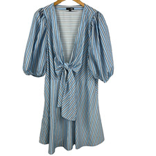 Fashion Nova Womens  Size 2X Dress Blue Stripe Deep Plunge Balloon Sleeve