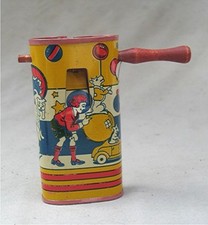 Vintage Tin Toy Noise Maker -- Lithographed Clowns - Dogs - Balls - Children