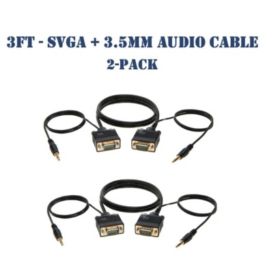 3FT SVGA Video Cable + 3.5mm Audio Jack M/M - PC Display Monitor Cord - 2-Pack