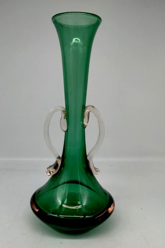 Murano Emerald Green Art Glass  Genie Bottle Shape Vase with Pink Handles