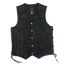 ARD  Men's Black Genuine Leather 10 pockets Motorcycle Biker Vest S To 12XL