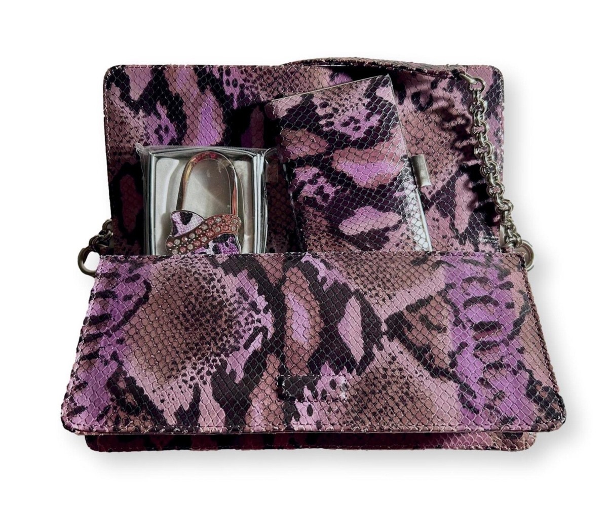 Ann Taylor Leather Snakeskin Dark Violet Clutch Bag, Wallet, Key
