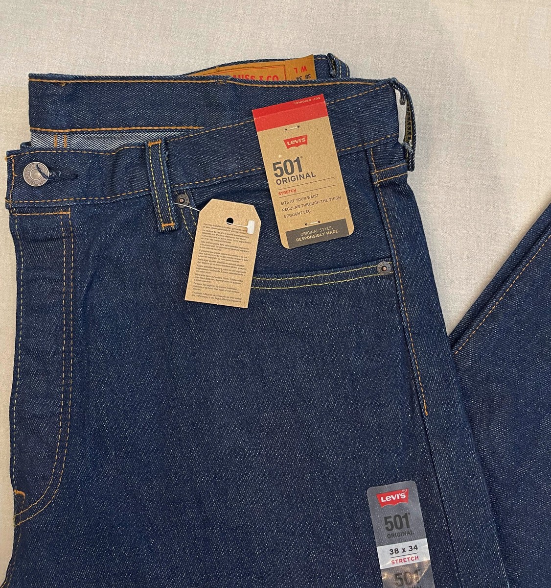 Levis 501 Original Fit Mens Stretch Jeans 38X34 Dark Blue