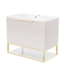 Pink 800mm Wall Hung Drawers Basin Vanity Brushed Brass Frame & Handle