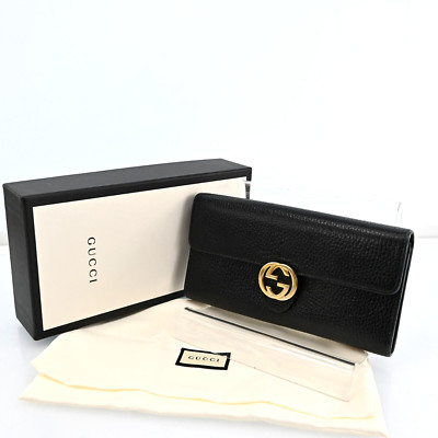 GUCCI GG Interlocking Leather Long Wallet Italy Black P3391C701