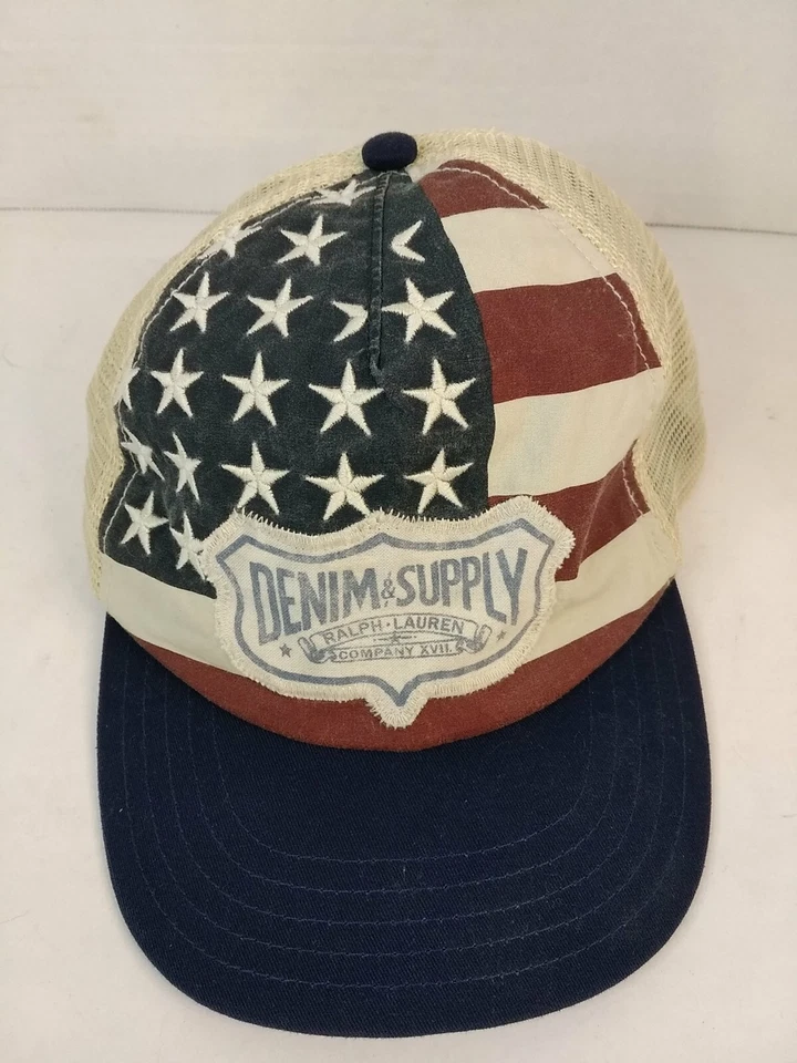 Boné de malha RARO vintage Ralph Lauren denim e suprimentos bandeira americana caminhoneiro Snapback - Imagem 2 de 4