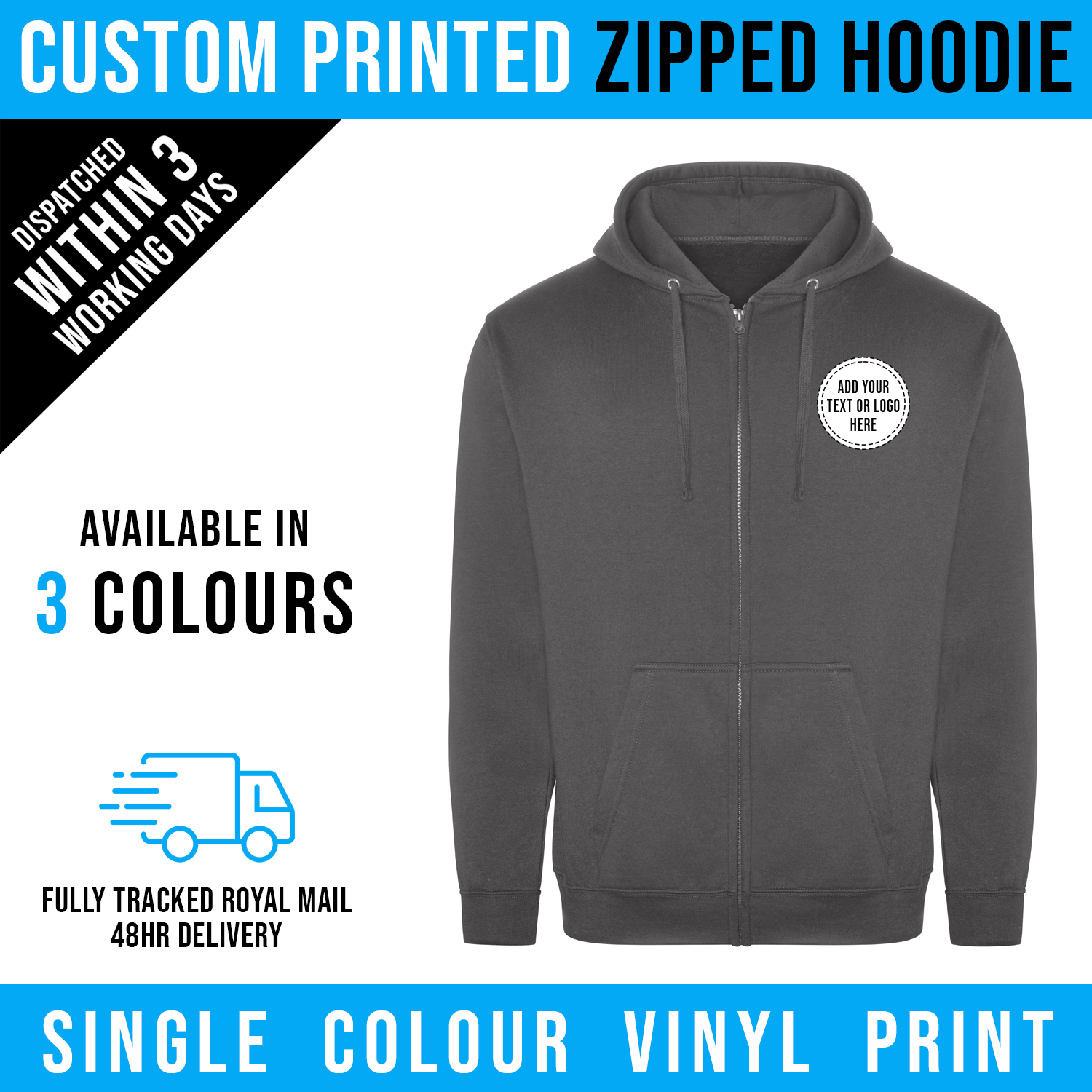 Personalised Custom Printed Zip Hoodie Hooded Sweatshirt Text Logo