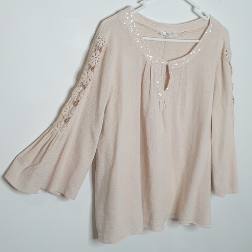 Imagine Made In Italy Size M Boho Beige Quiet Luxury Linen Bell Sleeve Shirt - Picture 4 of 7
