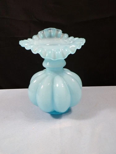 Fenton Blue Overlay Glass Jack in the Pulpit Melon Vase 5 3/4" Tall