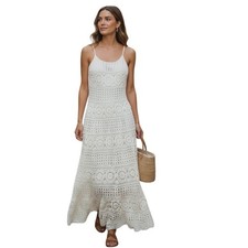 Crochet Lace Maxi Dress White Cotton Cottagecore Boho Beach Resort Romantic M