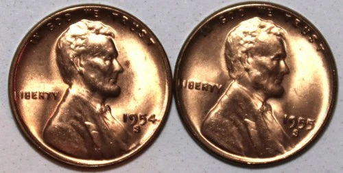 (2) Lincoln Cents - BU Red - 1954S 1955S - #0857E - FREE SHIPPING