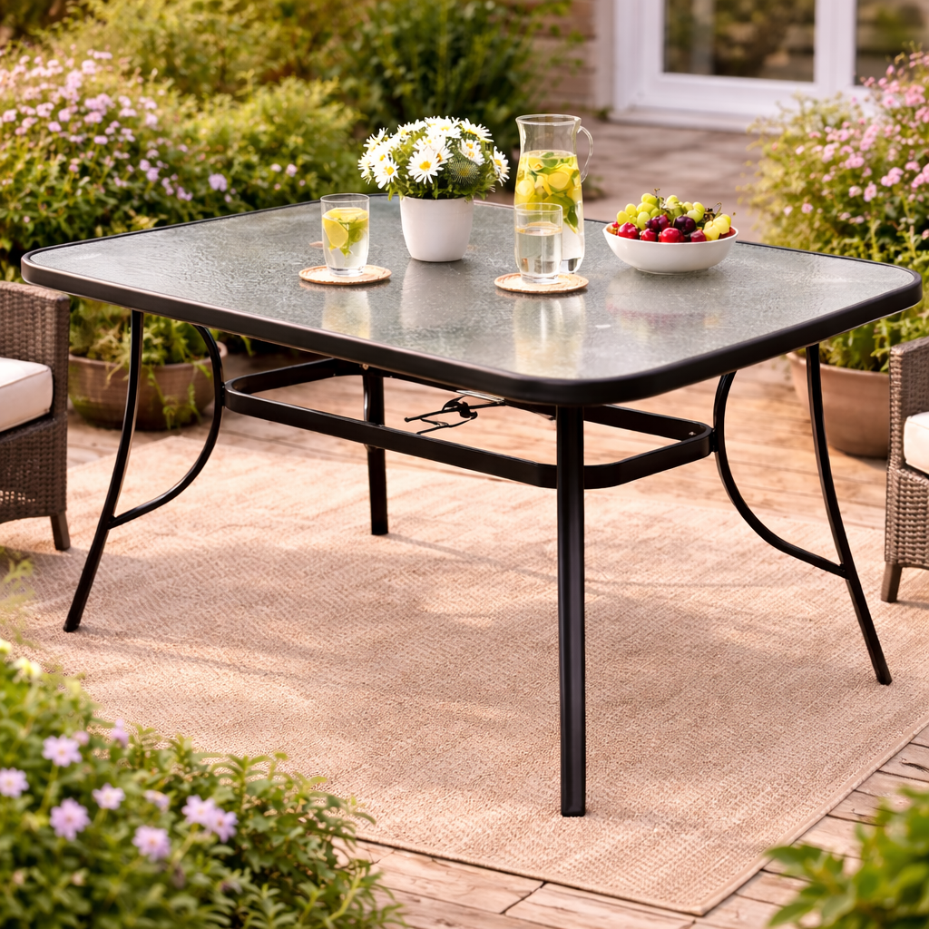 Outdoor Dining Table Tempered Glass 4 Seater Parasol Hole Metal Frame Garden
