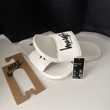 NIKE X STUSSY BENASSI SLIDES WHITE SAIL BLACK MEN'S Sz 12 DC5239-100 NWT BEACH