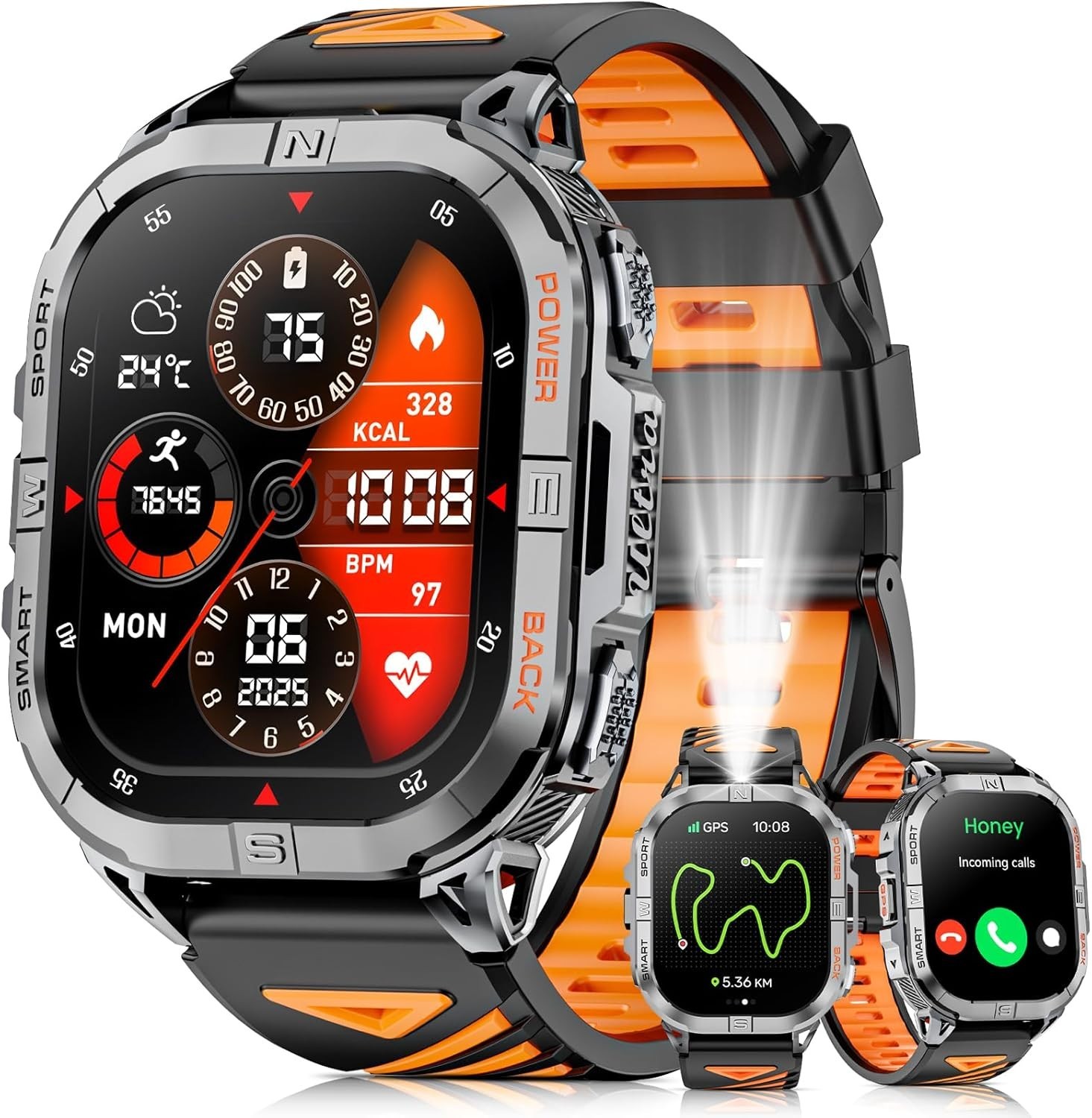 Military Smart Watch for Men Built-in GPS with LED Flashlight Compass, 2.13" AMO