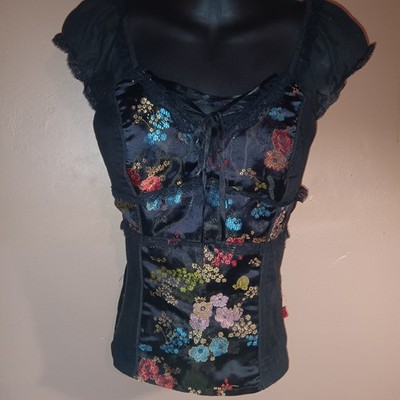 Vintage Tripp NYC Corset Peasant   Satin Oriental Floral Brocade Ribbon Lace up