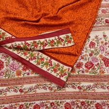 Vintage Sari Orange 100 Pure Silk Printed Saree Fabric 5yd Sewing Paisley Soft