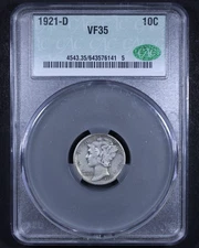1921-D Mercury Dime - 10c CACG VF35 - Key Date!