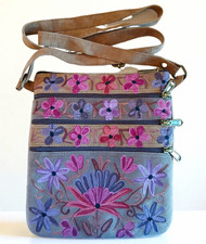 Gray Pink Purple Floral Embroidered Crossbody Bag, Zip, Adjustable Strap