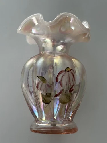 Fenton Vtg Hand Painted Fenton Pink Opalescent Ruffled Signed Vase