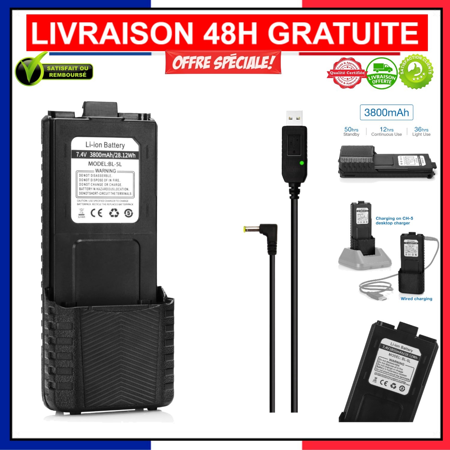 Batterie Baofeng BL-5 3800mAh Li-Ion compatible UV-5RTP et accessoires radio