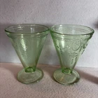Vintage Belmont Rose Cameo Green Depression Glass Footed Tumbler Pair / Two