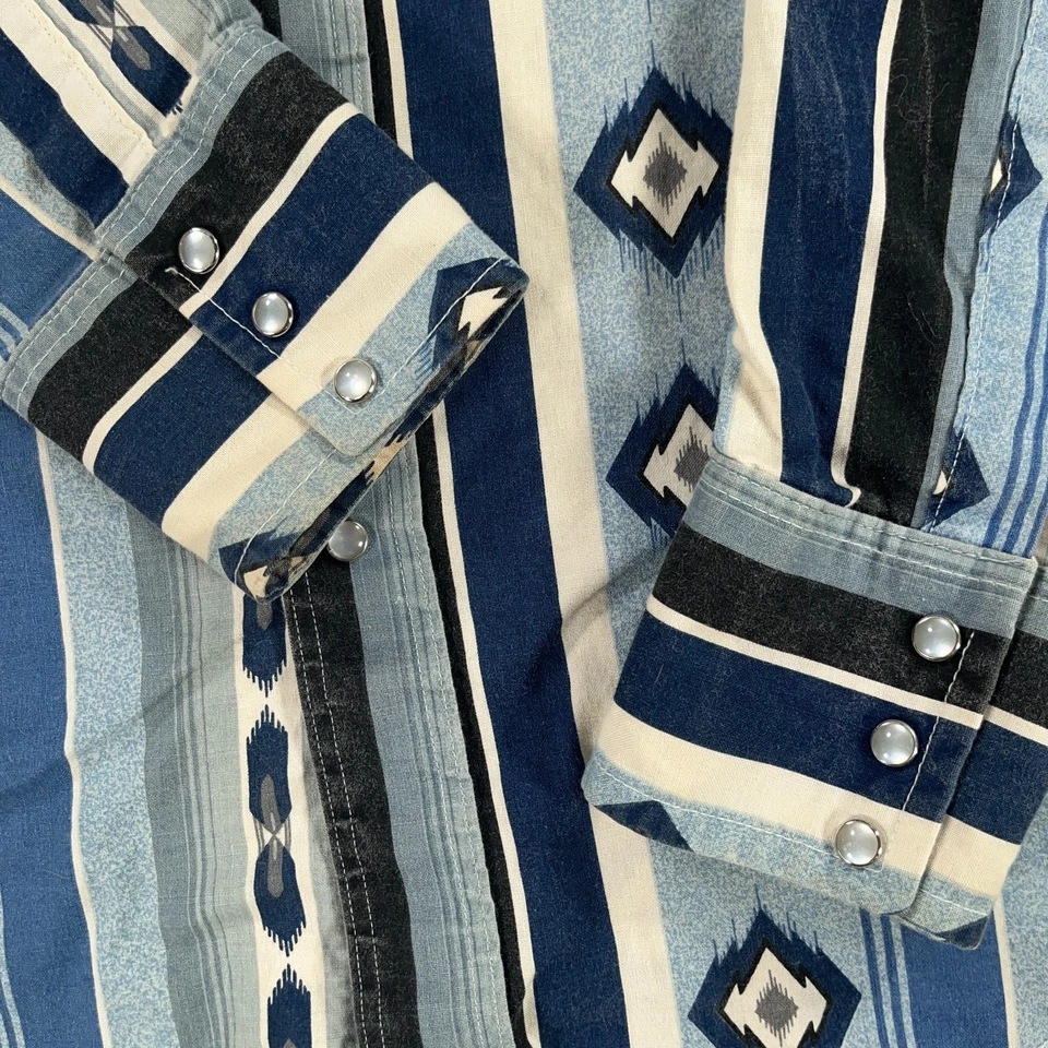VTG Wrangler Western Shirt Mens 15.5 X 34 Blue Aztec Pearl Snap 90s Made In USA - Image 4 of 4