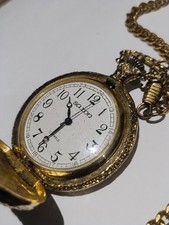 Saxon Mens Manual Pocket Watch Fishing Scene Case Gold Tone