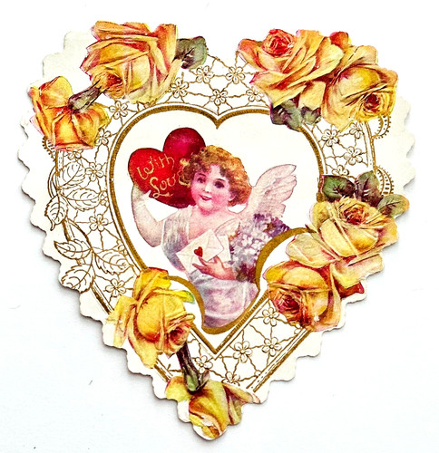 4.75" Antique Valentine Card - Die Cut Gilded 1907 Angel Child & Heart