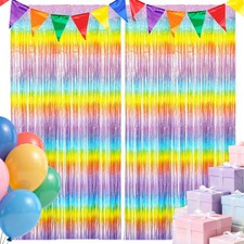 Rainbow Fringe Curtain Backdrop, 2 Pack Metallic Tinsel Foil Fringe Curtains ...