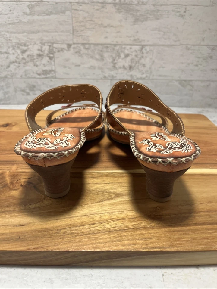 Spring Step VIA CA Sz 37 Brown Leather Floral Slide Kitten Heels Sandals Shoes - Image 4 of 4