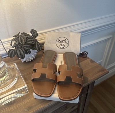 Authentic EUCHERMES Gold, Brown, Vachetta Oran Leather Sandals Size 41/11 US