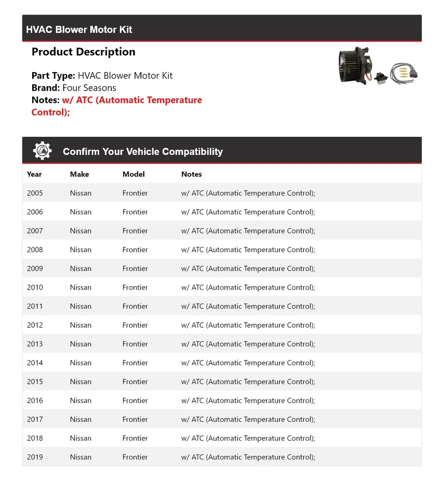 For 2005-2019 Nissan Frontier HVAC Blower Motor Kit 4 Seasons 2006 2007 2008 - Image 2 of 3