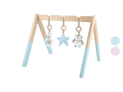PLAYTIVE Baby Holz Spielbogen mit 3 Plüschanhängern mit Soundeffekten Echtholz