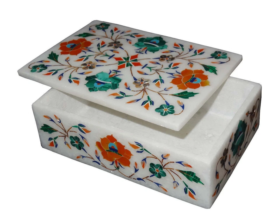 Marble Jewelry Box Semi Precious Stones Pietra Dura Handmade - Image 3 of 4