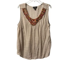 I.N. Studio Beige Sleeveless Top With Multicolor Beaded Neckline Womens 2X blous