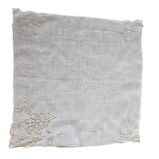 Vtg Handkerchief Hankie White with brown embroidered floral Scalloped Hem 12x12