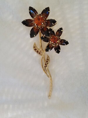 Vintage Gold Tone Prong Set Amber Topaz Double Flower Rhinestone