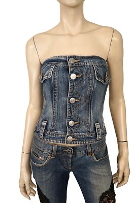 Vintage Y2K DSQUARED2 sz S Blue Washed Denim Boned Corset Bustier Top
