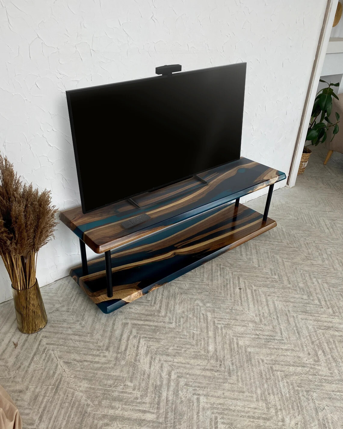 Epoxy Console Table with Shelf,Entryway Table, Blue Epoxy River Hallway Tabletop