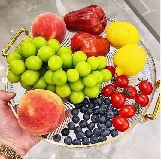 3pcs Acrylic Round Serving Tray With Handles Kitchen Fruit & Snack Serving Gold - Image 3 of 4