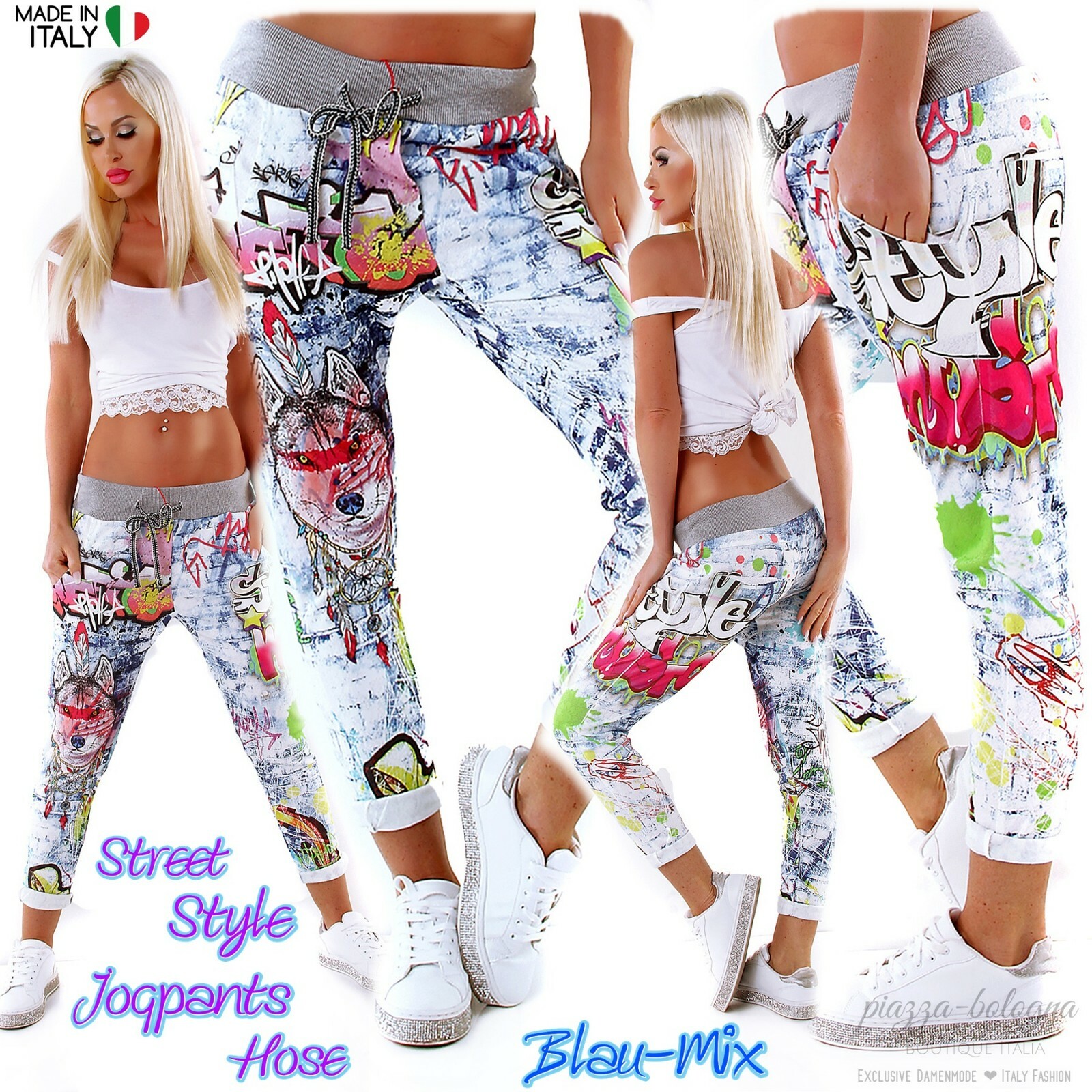 NEU 36 38 ♡ Hose Graffiti-Prints Streetstyle Look Jogpants Blau-Bunt S M NEU 36 38 ♡ Hose Graffiti-Prints Streetstyle Look Jogpants Blau-Bunt S M