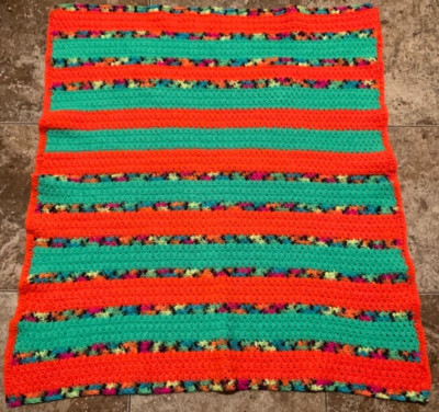 HANDMADE GRANNY CROCHET LAP BLANKET ( 34  x 36  ) GREEN ORANGE MULTI-TONE