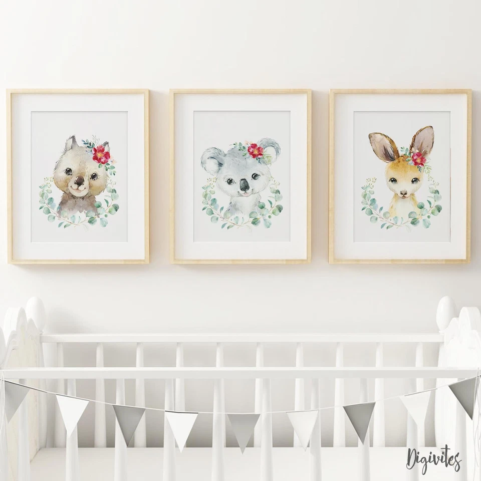 Baby Nursery Wall Art Prints Australian animals Koala, Kangaroo, wombat, 3 set