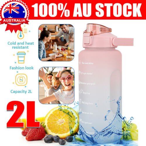 2L Water Bottle Straw Cup Motivational Drink Flask With Time Markings Sports Gym - Picture 1 of 12