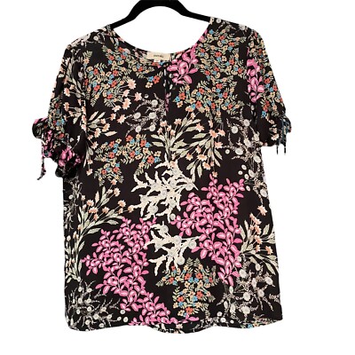 Meraki Women's Black Floral Print Short Sleeve Tie  Back Size XL