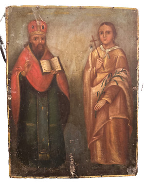 19th c Orthodox icon of Sts Theodosius of Chernigov & Paraskeva of the Balkans